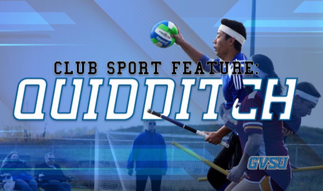 Quidditch athlete races against Central athlete to score during Quidditch match.